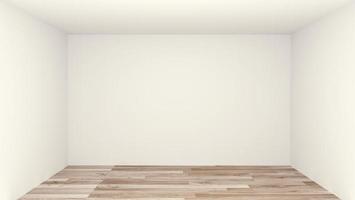 habitación vacía, sala limpia, piso de madera, fondo de pared blanca. Representación 3d