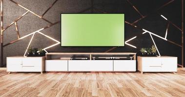 aluminum trim gold on black wall design and wooden floor with wooden cabinet and mock up tv.3D rednering photo