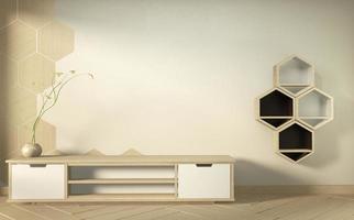 Tv cabinet in modern empty room Japanese - zen style,minimal designs. 3D rendering photo