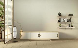 Cabinet wooden in modern living room japan style on white wall background,3d rendering photo