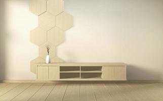 Gabinete de madera en la moderna sala de estar de estilo japonés sobre fondo de pared blanca, representación 3d foto