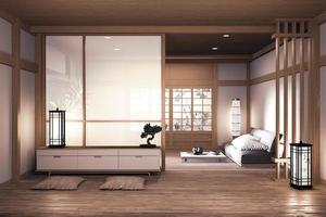 sofa wooden japanese design, on room  japanese wooden floor and decoration lamp and plants vase.3D rendering photo