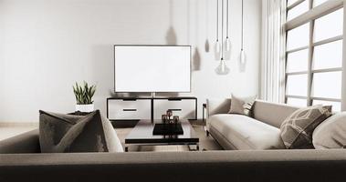 Smart Tv on Cabinet in Living room Loft style with white wall on wooden floor and sofa armchair.3D rendering photo