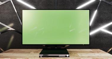 Siver de molduras de aluminio en diseño de pared negra y piso de madera con gabinete de madera y maqueta de tv. foto