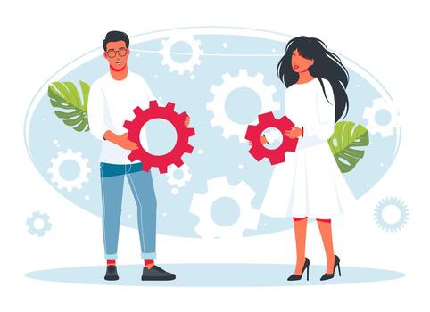 People holding gears from large mechanism, small people links of mechanism, business mechanism, abstract background with gears, people engaged in business promotion, strategy analysis, communication vector