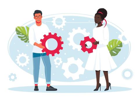 People holding gears from large mechanism, small people links of mechanism, business mechanism, abstract background with gears, people engaged in business promotion, strategy analysis, communication vector