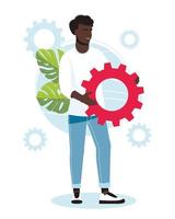 People holding gears from large mechanism, small people links of mechanism, business mechanism, abstract background with gears, people engaged in business promotion, strategy analysis, communication vector