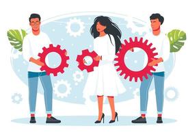 People holding gears from large mechanism, small people links of mechanism, business mechanism, abstract background with gears, people engaged in business promotion, strategy analysis, communication vector