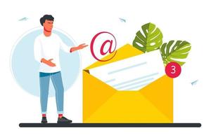 concepto de correo electrónico. un hombre sostiene el correo. personas que leen cartas, nuevos mensajes entrantes, sms, spam, notificación por correo, chateando. un hombre diminuto se encuentra junto a un sobre entrante con una carta. ilustración vectorial vector