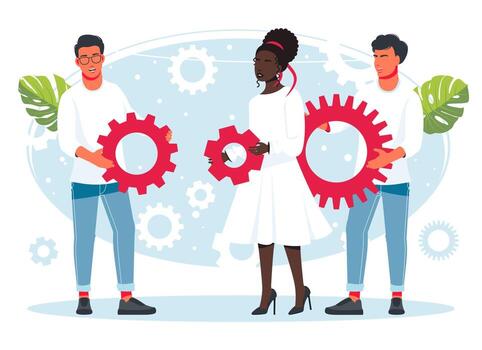 People holding gears from large mechanism, small people links of mechanism, business mechanism, abstract background with gears, people engaged in business promotion, strategy analysis, communication vector