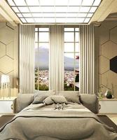 el dormitorio moderno es lujoso, de estilo japonés y mira al monte fuji en la ventana y se puede editar con una vista. Representación 3d