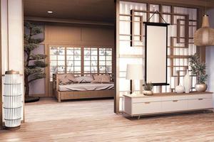 Chinese style Room wooden interior with wooden floor on wall paper and decoration. 3D rendering photo