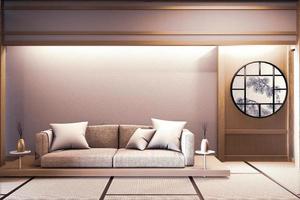 sofa wooden japanese design, on room  japanese wooden floor and decoration lamp and plants vase.3D rendering photo