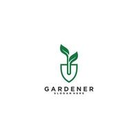 logo para jardinero con pala de tierra y hojas de ilustración vector