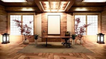 Interior de sala de conferencias de China de madera con piso de madera sobre fondo de pared blanca - interior de sala de negocios de sala vacía. Representación 3d foto