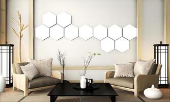 simulacro de lámpara hexagonal en la pared sala zen estilo muy japonés con sillón y mesa baja en el piso de tatami representación 3d foto