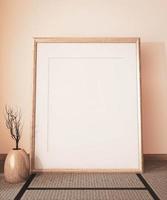 Mock up poster frame on Empty room japanese design and tatami mat floor, earth tone.3D rendering photo