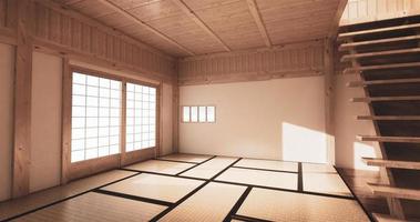 maqueta, alfombra de tatami de habitación vacía japonesa que diseña el más hermoso. Representación 3d foto