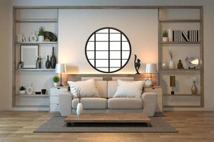 Habitación de diseño interior minimalista estilo zen con sofá, sillón, mesa baja y decoración Diseño de estilo japonés Luz oculta en la pared del estante Representación 3D foto