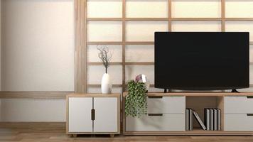 diseño de interiores, sala de estar moderna con smart tv, mesa, lámpara, piso de madera y pared blanca de estilo minimalista. Representación 3D foto