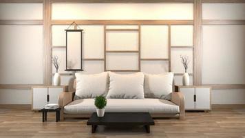 interior design zen living room with low table,pillow,frame,lamp on wood floor.3D rendering photo