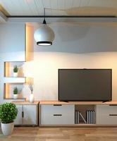 interior design,modern living room with smart tv,table,lamp,wood floor and white wall minimal style.3D rendering photo