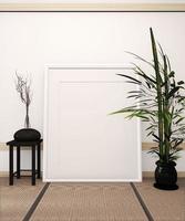 Mock up poster frame on tatami mat floor and white room japanese style with black vase on low table and bamboo plants.3D rendering photo