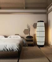 Cama de madera de estilo japonés y lámpara zen sobre tatami diseño de pared de azulejos de madera hexagonal representación 3D