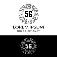 5G logo network speed circuit technology illustration in isolated white background, broadband telecommunication wireless internet concept vector