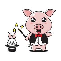 cute pig magician mascot with rabbit in white background vector