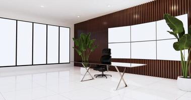 CEO office design with big Tv monitor on wooden wall room, table and boss chair .3D rendering photo