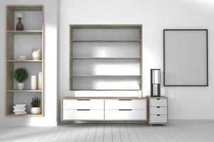 cabinet on white wood flooring and white wall, minimalist and zen interior of living room japanese style.3d rendering photo