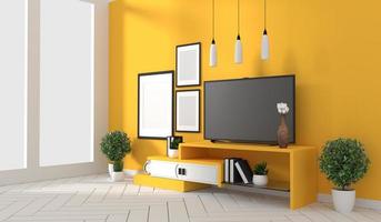 Mueble para tv en habitación amarilla moderna, diseños minimalistas, estilo zen. Representación 3d foto