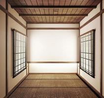 diseño de interiores, sala de estar moderna con tatami y puerta tradicional japonesa en la mejor vista de la ventana. Representación 3d foto