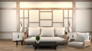 interior design zen living room with low table,pillow,frame,lamp on wood floor.3D rendering photo