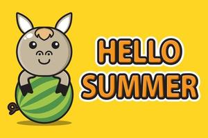 Linda mascota cabra abrazando sandía con pancarta de saludo de verano hola vector