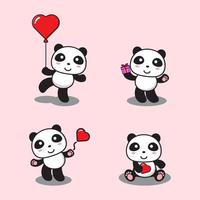 conjunto de panda de dibujos animados lindo con amor y regalo vector