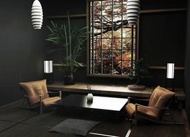 Tatami mats and window view forest trees on room japanese zen style.3D rendering photo