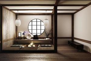 Interior Sala Vacía Japonesa Tatami Diseñando El Más Hermoso. Representación 3d foto