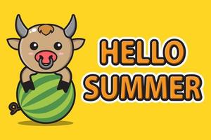 linda mascota buey abrazando la sandía con pancarta de saludo de verano hola vector
