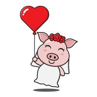 linda chica de cerdo sosteniendo globo de amor vector