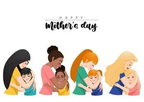 personaje de dibujos animados con abrazo de mamá e hija. fondo del día de la madre. diseño aislado de la familia diversa en el fondo blanco. ilustración vectorial vector