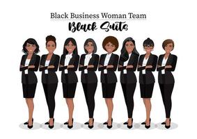 La empresaria negra o el personaje femenino africano americano posan con los brazos cruzados en la ilustración de vector de traje negro.