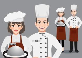 Professional chef. Chief-cooker with assistants standing together. Kitchen Team Concept Cartoon Character Vector