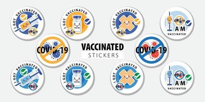 pegatina vacunado o insignias redondas de vacunación con una cita: me vacuné contra el covid 19, estoy vacunado contra el covid-19. Etiquetas engomadas de la vacuna del coronavirus con la ilustración del vector del yeso médico