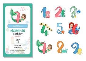 Numbers With Marine Life Vector Set. Beautiful element for Mermaid Birthday Party design, invitation, greeting card and cake toppers.