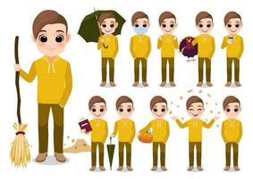colección de actividades al aire libre de personajes de dibujos animados de niño de otoño con chaqueta con capucha amarilla, dibujos animados aislados sobre fondo blanco ilustración vectorial vector
