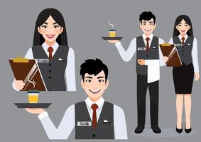 Professional Waiter And Waitress standing together. Restaurant Team Concept Cartoon Character Vector