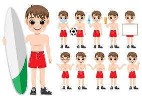 Collection of boy cartoon character summer outdoor activities with sport or swimming wear, isolated cartoon on white background vector illustration