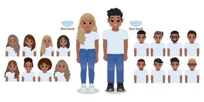 personaje de dibujos animados niña negra y niño con camisa blanca y jeans azules sonriendo. colección de peinado, ilustración vectorial vector